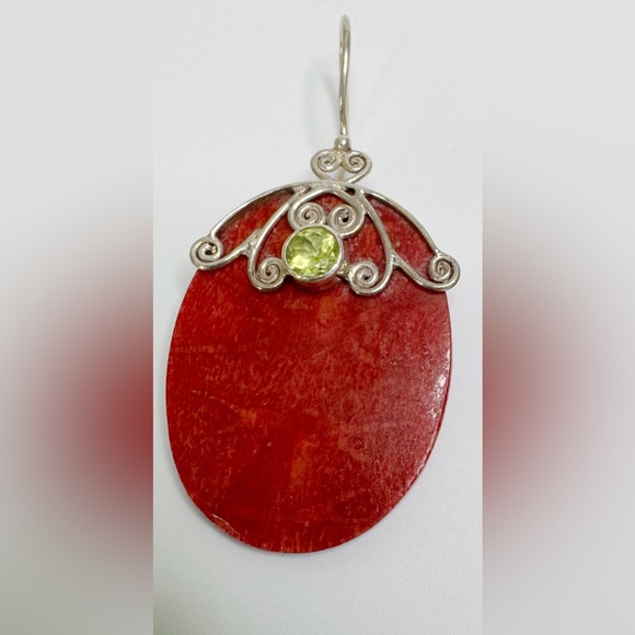 Coral and Peridot Sterling Silver Earrings Oval 925 Scrolled Hook Wires Bohemian - Picture 11 of 13